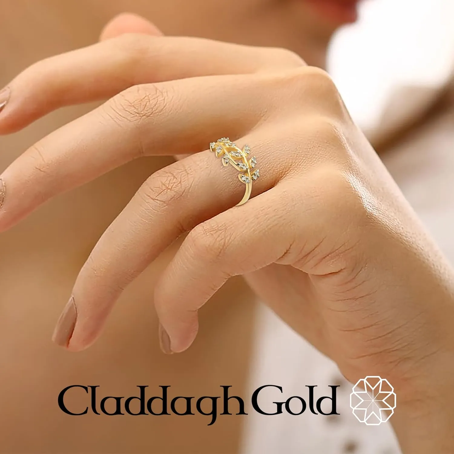 Claddagh Gold Women's Ring 10K or 14K Olive Leaf Diamond Branch Ring Available in Yellow Rose and White Gold with multiple ring sizes