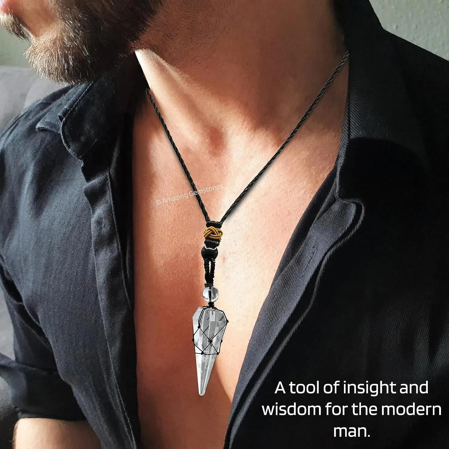 Clear Quartz Crystal Jewelry for Men : Elegant and Stylish Men Jewelry, Unique Women Men Necklace with Clear Quartz Crystal Stone Holder Necklace Pendulum (Black Macrame)