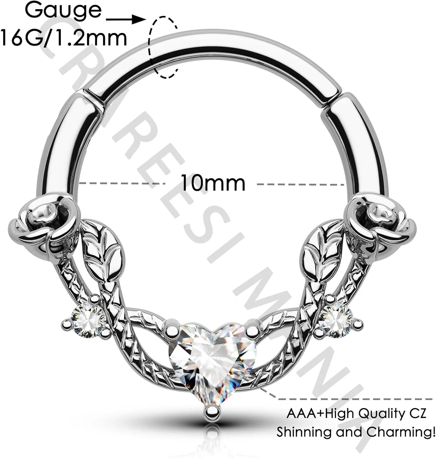 CM Crareesi Mania Rose Septum Ring 16G Hinged Segment Rings 316L Stainless Steel Daith Earrings Heart CZ Septum Daith Helix Cartilage Piercing Jewelry Piercing Jewelry