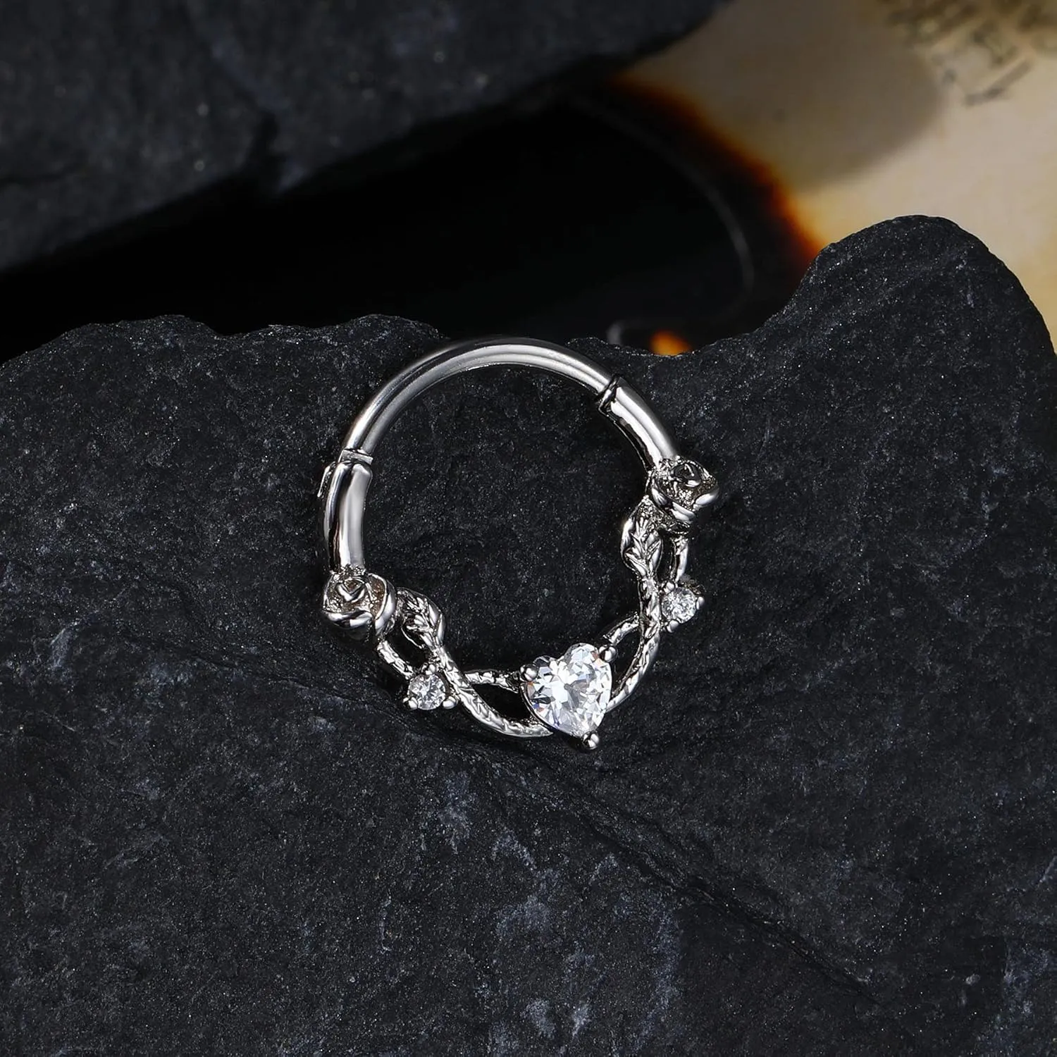 CM Crareesi Mania Rose Septum Ring 16G Hinged Segment Rings 316L Stainless Steel Daith Earrings Heart CZ Septum Daith Helix Cartilage Piercing Jewelry Piercing Jewelry