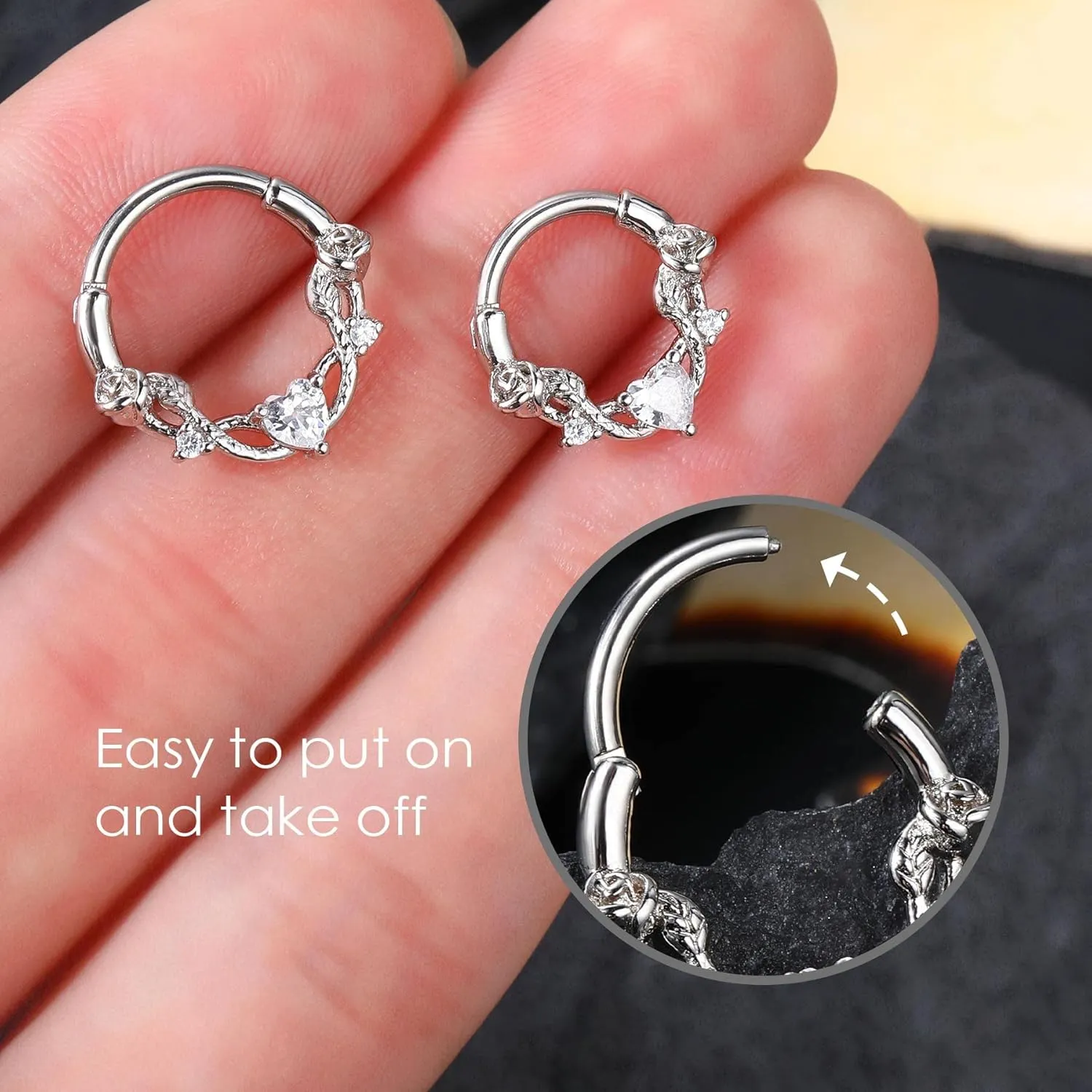 CM Crareesi Mania Rose Septum Ring 16G Hinged Segment Rings 316L Stainless Steel Daith Earrings Heart CZ Septum Daith Helix Cartilage Piercing Jewelry Piercing Jewelry