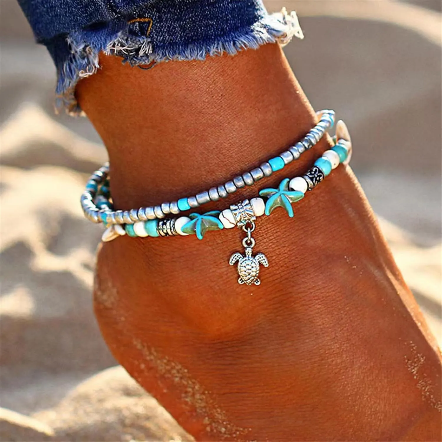 coadipress Layered Beach Anklet for Women Blue Turtle Starfish Anklet Natural Summer Hawaiian Beach Adjustable Anklets Boho Chain Anklet Foot Jewelry
