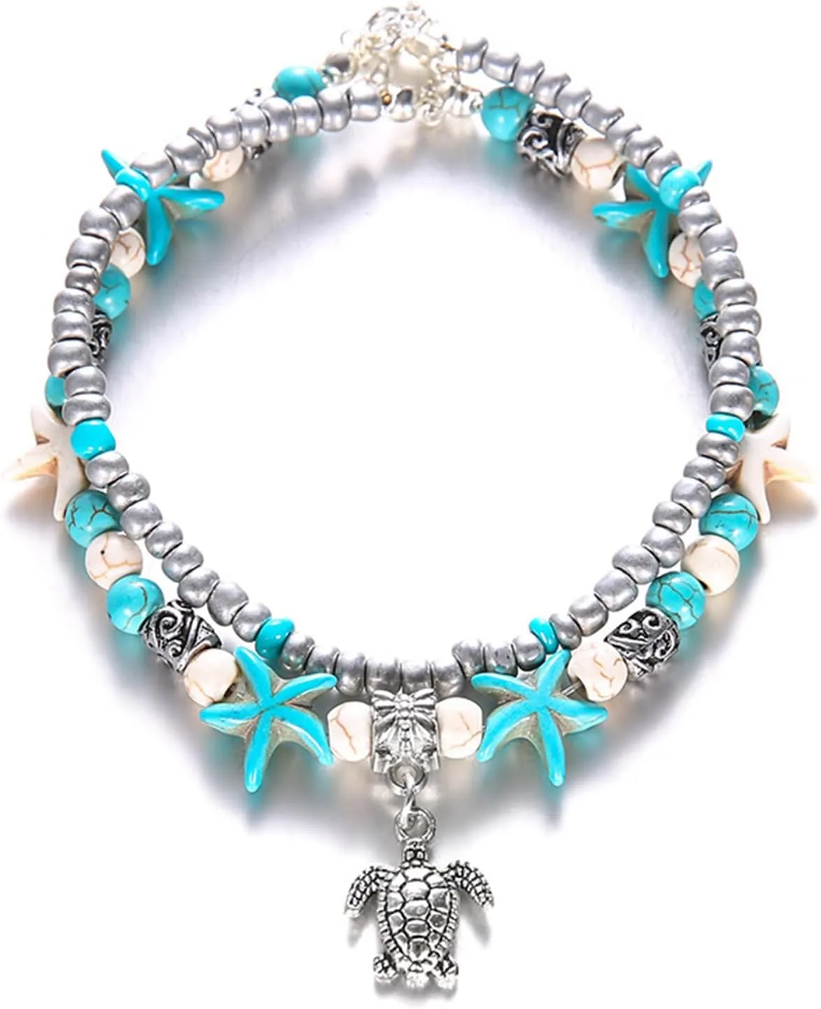 coadipress Layered Beach Anklet for Women Blue Turtle Starfish Anklet Natural Summer Hawaiian Beach Adjustable Anklets Boho Chain Anklet Foot Jewelry