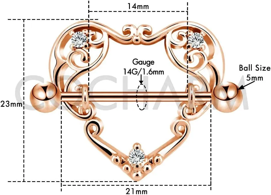 COCHARM 14G Heart Nipple Rings for Women Surgical Steel CZ Nipple Piercings Nipple Barbells Nipple Bars Gold Silver Rose Gold