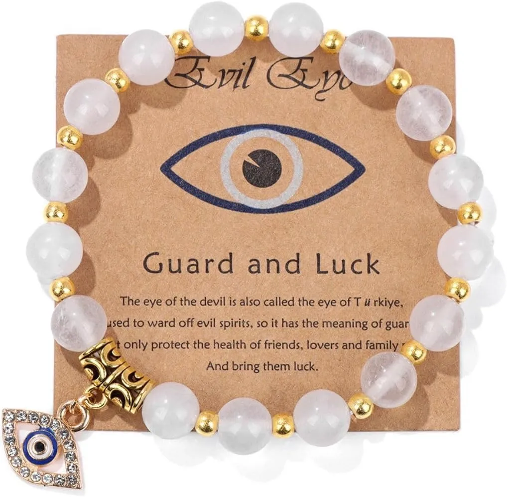 COLORFUL BLING Evil Eye Charms Bracelet Natural Stone Beads Handmade Bracelet Inspirational Gift with Message Card Kabbalah Protection Good Luck Jewelry