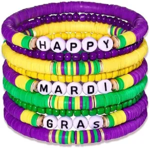 COLORFUL BLING Holiday Heishi Surfer Bracelet Set for Women St. Patricks Day Valentine's Day Mardi Gras Beaded Stretch Bracelet Rainbow Polymer Clay Stackable Charm Bracelets Festive Y2k Jewelry