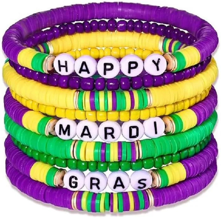 COLORFUL BLING Holiday Heishi Surfer Bracelet Set for Women St. Patricks Day Valentine's Day Mardi Gras Beaded Stretch Bracelet Rainbow Polymer Clay Stackable Charm Bracelets Festive Y2k Jewelry