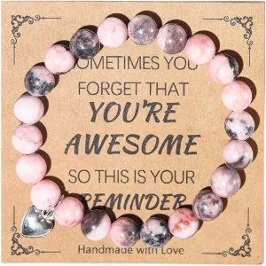 COLORFUL BLING Inspirational Bracelets for Women Natural Stone Healing Crystal Anti-Anxiety Bead Bracelet Youre Awesome Heart Beaded Strand Adjustable Bracelet With Meanningful Card Christmas Gifts