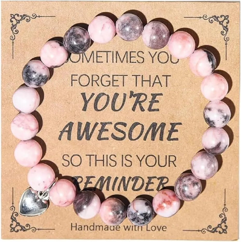 COLORFUL BLING Inspirational Bracelets for Women Natural Stone Healing Crystal Anti-Anxiety Bead Bracelet Youre Awesome Heart Beaded Strand Adjustable Bracelet With Meanningful Card Christmas Gifts
