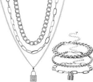 COLORFUL BLING Shiny Hip Hop Rhinestone Cuban Link Chain Lock Pendant Necklace With Bracelet Set Punk Cubic Zircon Layered Choker Necklace for Women Unisex Jewelry