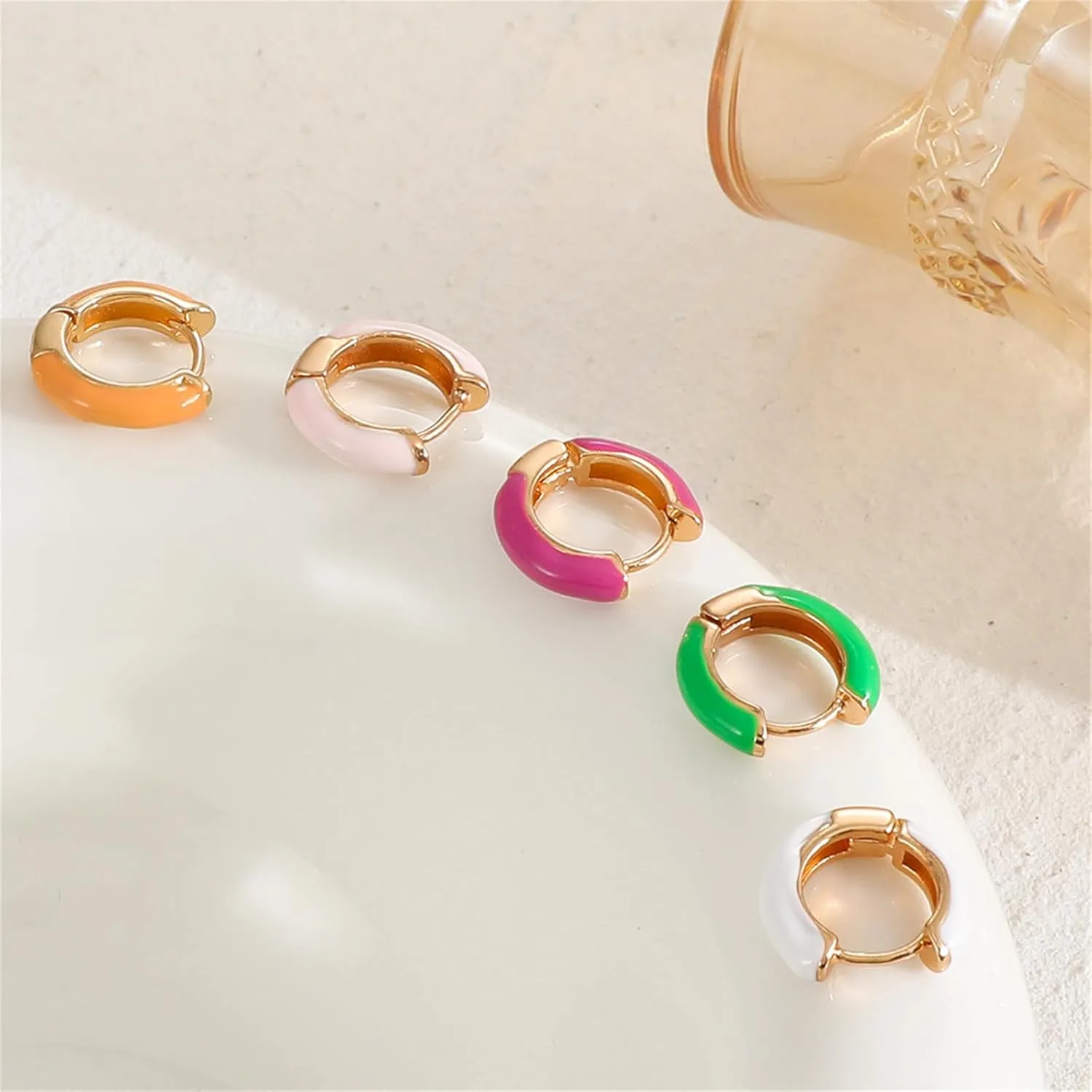 Colorful Enamel Small Hoop Earrings Gold Plated Bohemian Charm Pink Thick Mini Round Circle Tiny Huggie Hoop Earrings for Women Minimalist Birthday Christmas Prom Party Trendy Jewelry Gifts