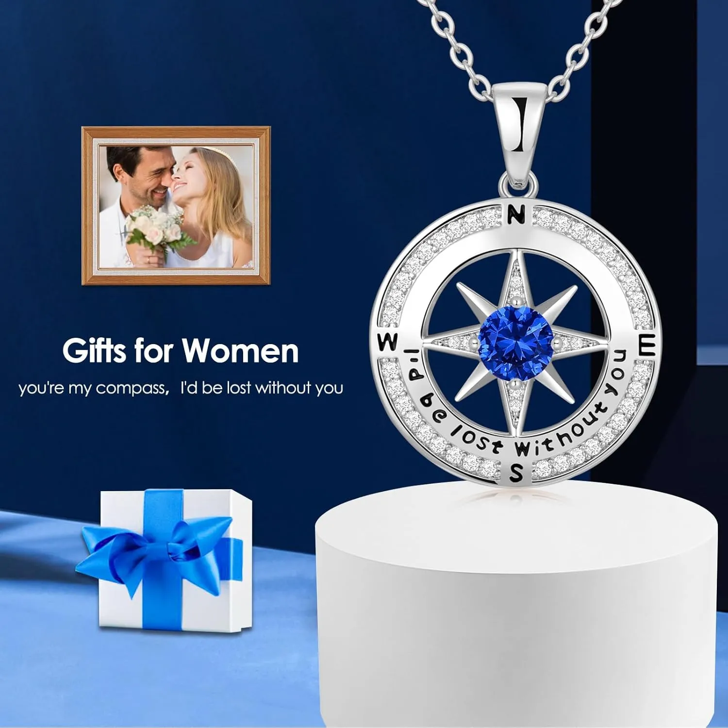 Compass Necklace Gifts for Women wife - S925 Sterling Silver Birthstone Necklaces for Women - Anniversary Birthday Gifts for Her Wife Girlfriend - Valentines Mom Mothers Day Christmas Gifts Jewelry for Women