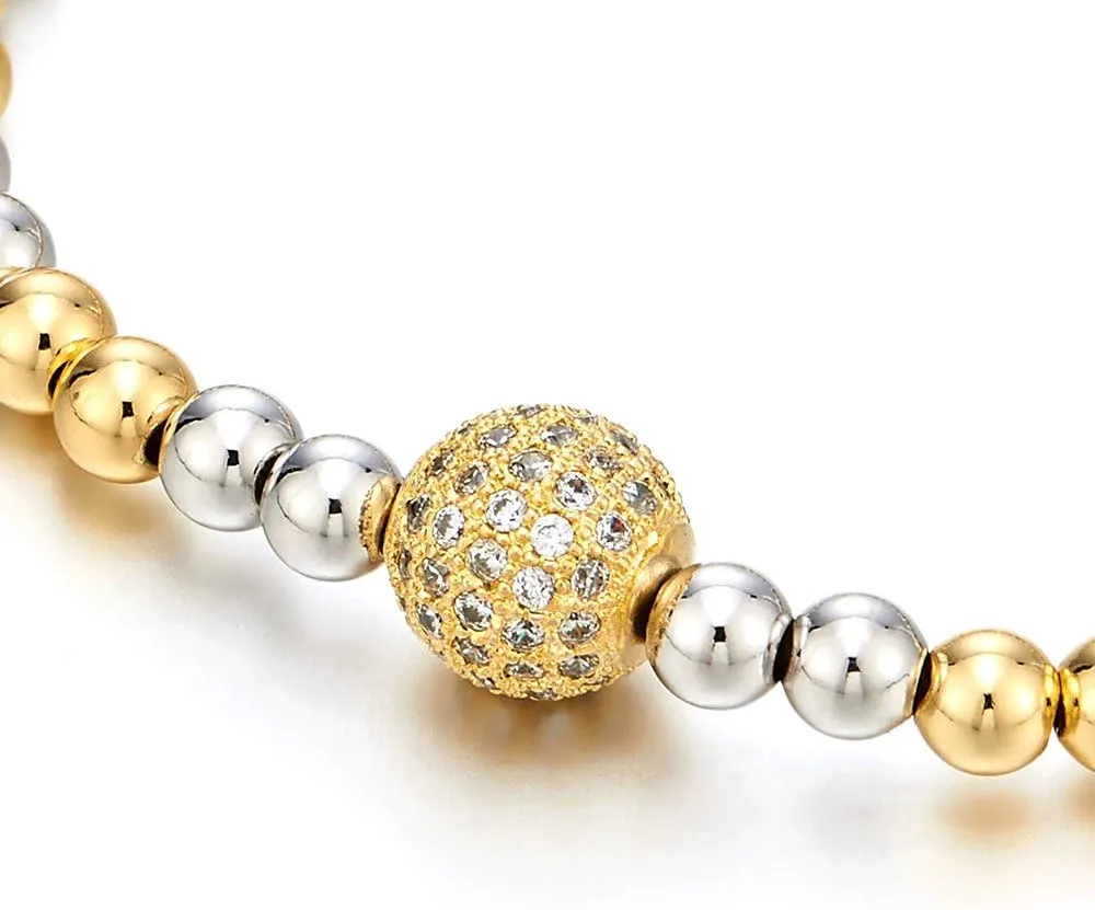 COOLSTEELANDBEYOND Beautiful Beads Bracelet for Women with Cubic Zirconia Ball
