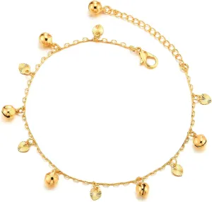COOLSTEELANDBEYOND Beautiful Link Chain Anklet Bracelet with Dangling Grooved Hearts and Jingle Bells, Adjustable