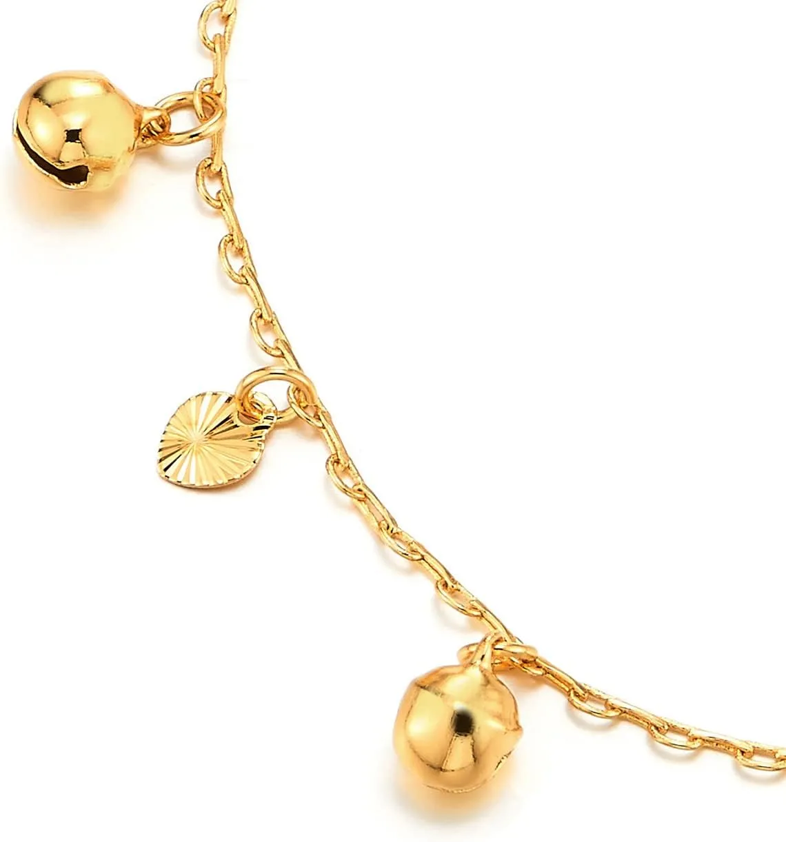 COOLSTEELANDBEYOND Beautiful Link Chain Anklet Bracelet with Dangling Grooved Hearts and Jingle Bells, Adjustable