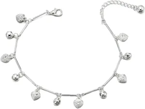 COOLSTEELANDBEYOND Beautiful Link Chain Anklet Bracelet with Dangling Hearts and Jingle Bells, Adjustable
