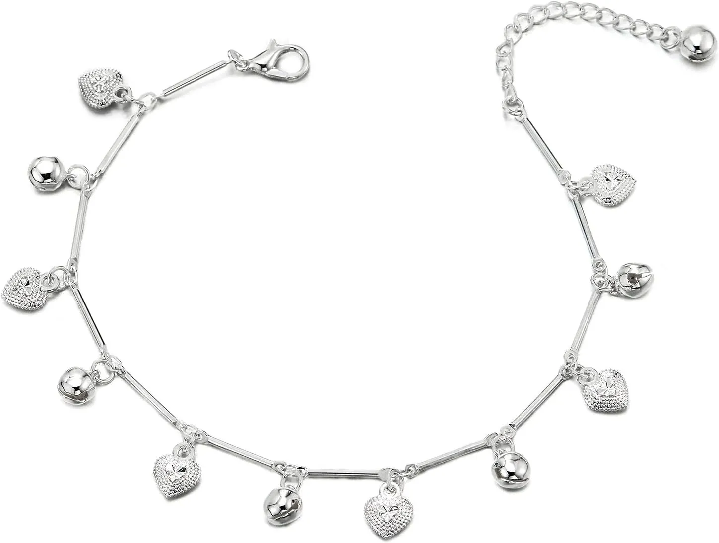 COOLSTEELANDBEYOND Beautiful Link Chain Anklet Bracelet with Dangling Hearts and Jingle Bells, Adjustable