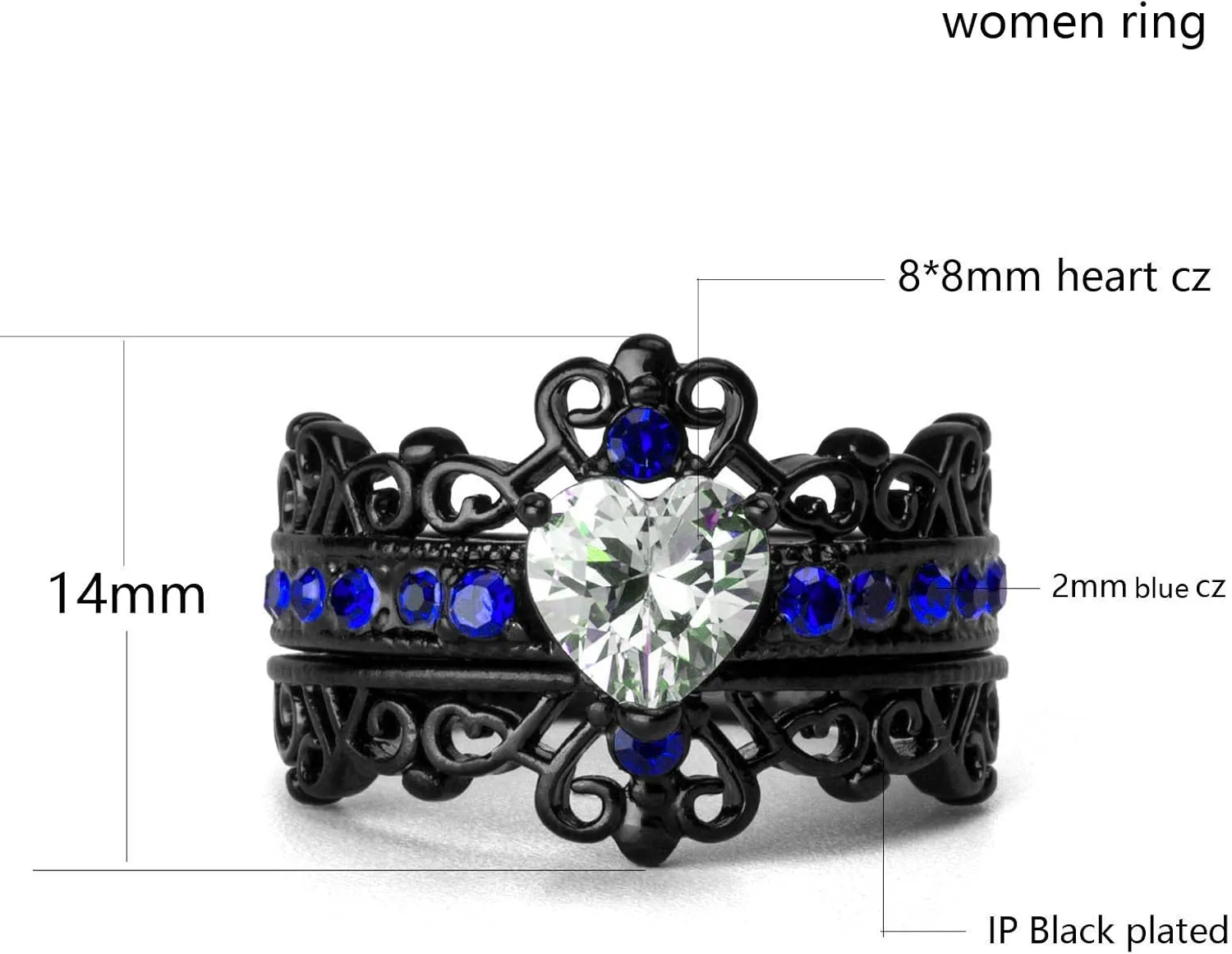 Couple Rings Black Plated Heart Blue Cz Womens Wedding Ring Sets Crown Ring Titanium Man Wedding BandsPlease Buy 2 Rings for 1 Pair