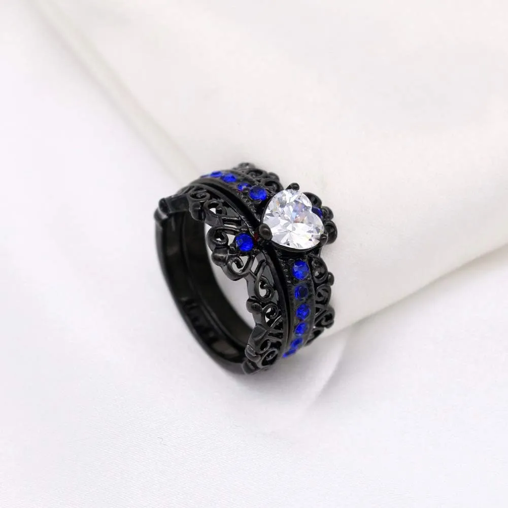 Couple Rings Black Plated Heart Blue Cz Womens Wedding Ring Sets Crown Ring Titanium Man Wedding BandsPlease Buy 2 Rings for 1 Pair