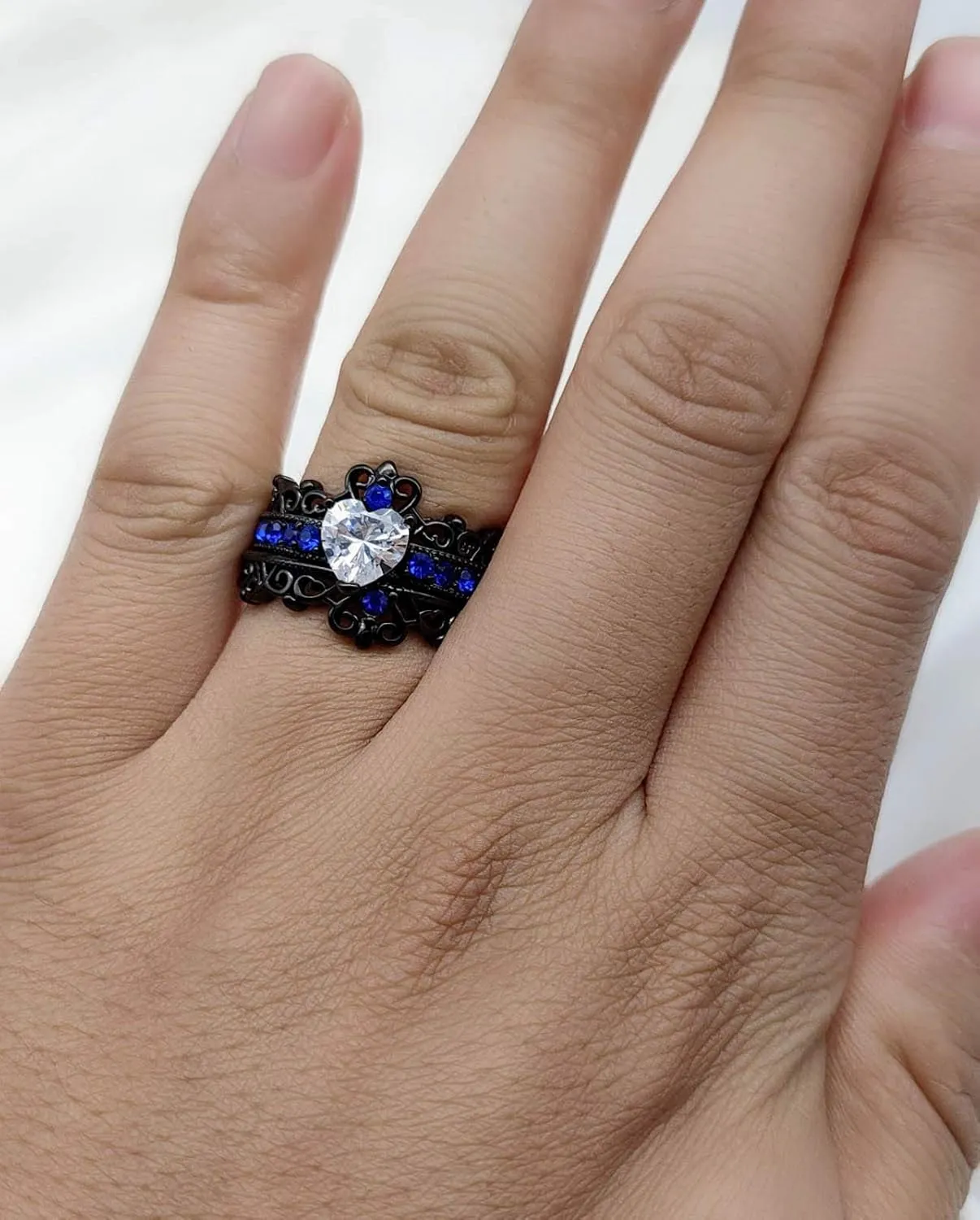 Couple Rings Black Plated Heart Blue Cz Womens Wedding Ring Sets Crown Ring Titanium Man Wedding BandsPlease Buy 2 Rings for 1 Pair