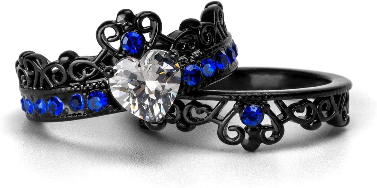 Couple Rings Black Plated Heart Blue Cz Womens Wedding Ring Sets Crown Ring Titanium Man Wedding BandsPlease Buy 2 Rings for 1 Pair