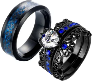 Couple Rings Black Plated Heart Blue Cz Womens Wedding Ring Sets Crown Ring Titanium Man Wedding BandsPlease Buy 2 Rings for 1 Pair