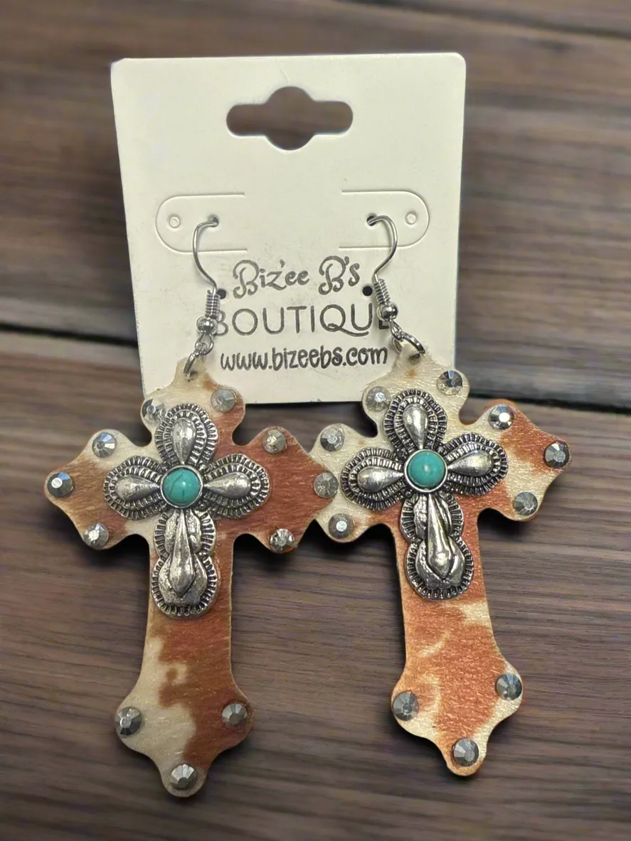 Cowhide Cross Earrings