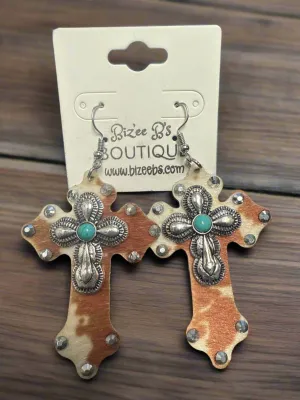 Cowhide Cross Earrings