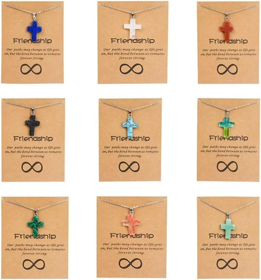Cross Crystal Pendant Necklace Friend Gifts Natural Stone Stress Relief Inspirational Protection Cross Charms Christian Choker for Men Women Friendship Jewelry