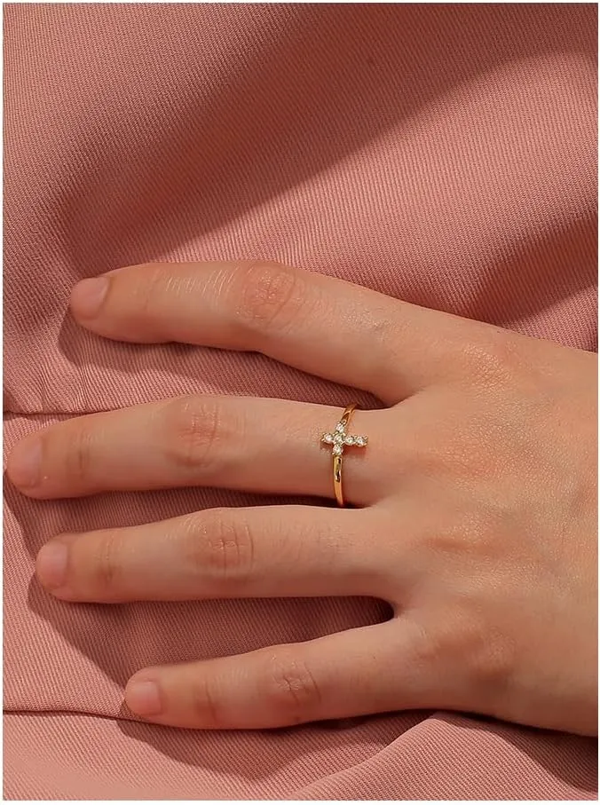 Cross Faith Christian Cubic Zirconia Band Rings for Women Girls 18K Gold Filled Lightweight Stackable Simple CZ Ladies Ring Dainty Religious Jewelry
