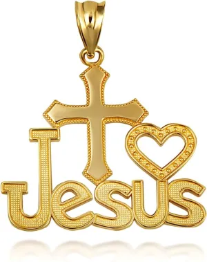 Cross Heart "I Love Jesus" Beaded Fine Pendant Real Solid 10Kt Gold