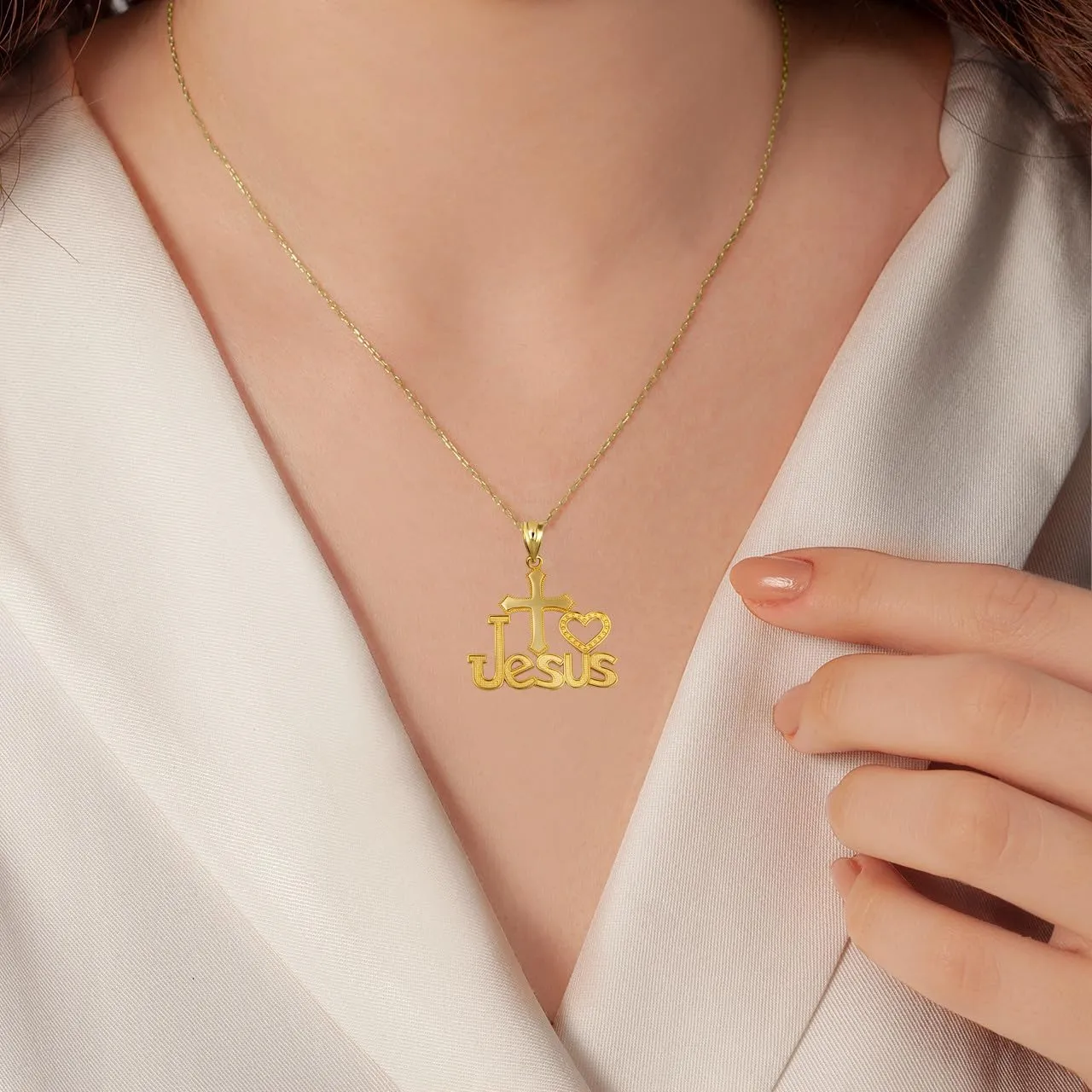 Cross Heart "I Love Jesus" Beaded Fine Pendant Real Solid 10Kt Gold