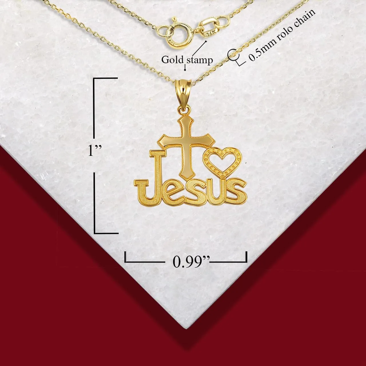 Cross Heart "I Love Jesus" Beaded Fine Pendant Real Solid 10Kt Gold