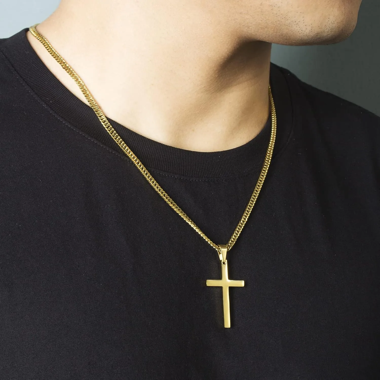 Cross Necklace for Men, Silver Gold Stainless Steel Plain Cross Pendant Necklace for Men Cuban Chain 18-26 Inch