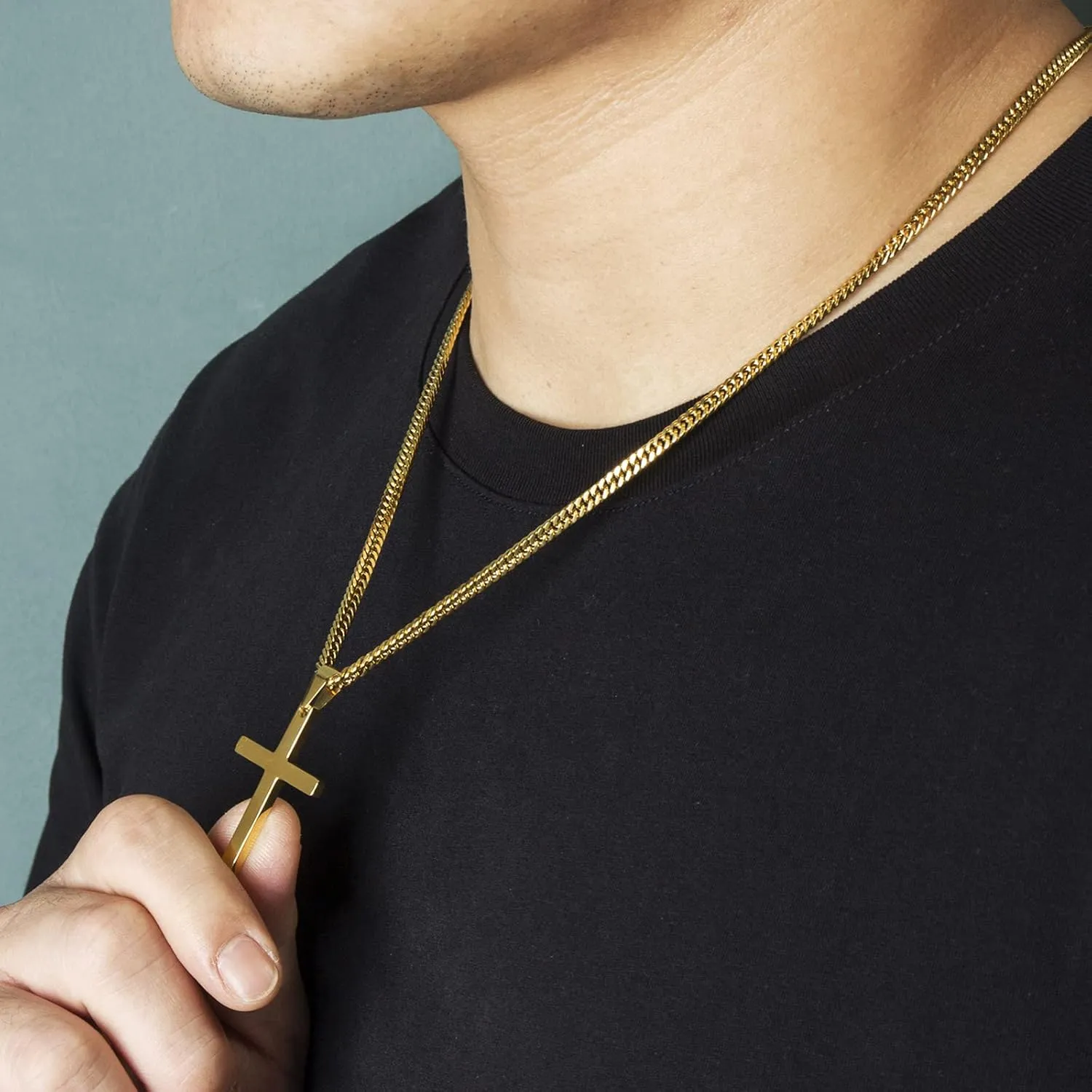 Cross Necklace for Men, Silver Gold Stainless Steel Plain Cross Pendant Necklace for Men Cuban Chain 18-26 Inch