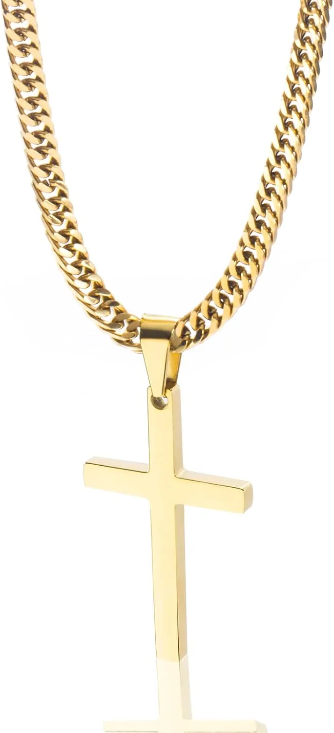 Cross Necklace for Men, Silver Gold Stainless Steel Plain Cross Pendant Necklace for Men Cuban Chain 18-26 Inch