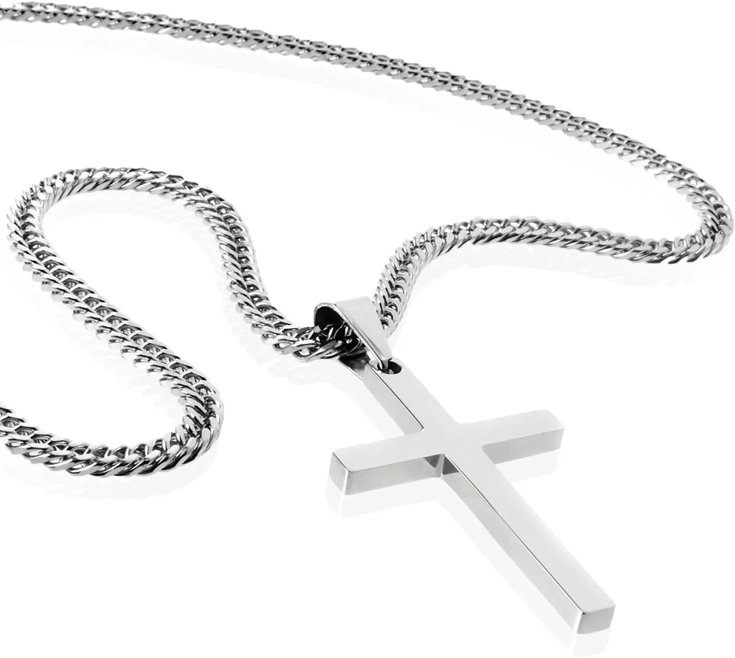 Cross Necklace for Men, Silver Gold Stainless Steel Plain Cross Pendant Necklace for Men Cuban Chain 18-26 Inch