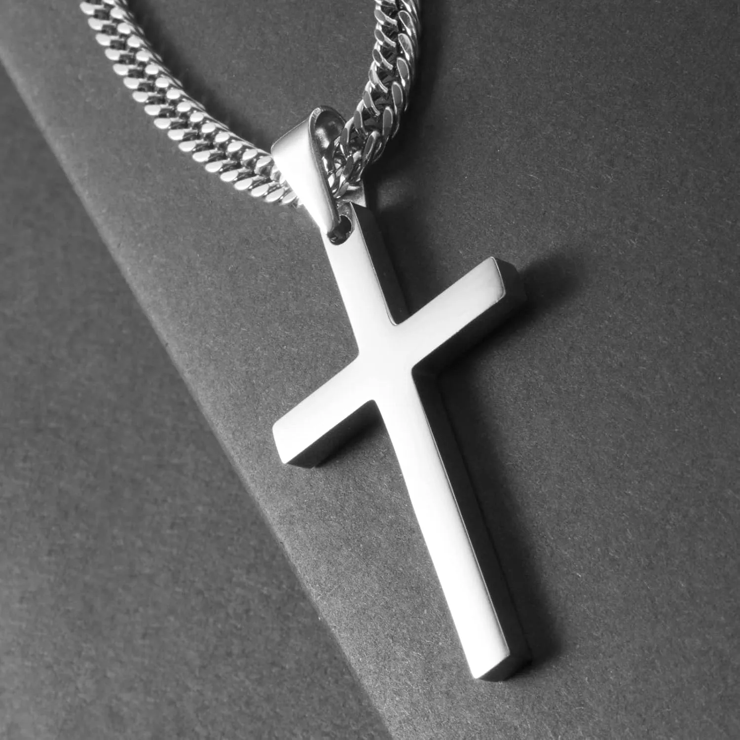Cross Necklace for Men, Silver Gold Stainless Steel Plain Cross Pendant Necklace for Men Cuban Chain 18-26 Inch