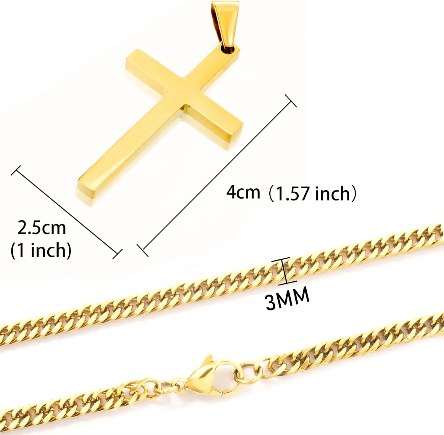 Cross Necklace for Men, Silver Gold Stainless Steel Plain Cross Pendant Necklace for Men Cuban Chain 18-26 Inch