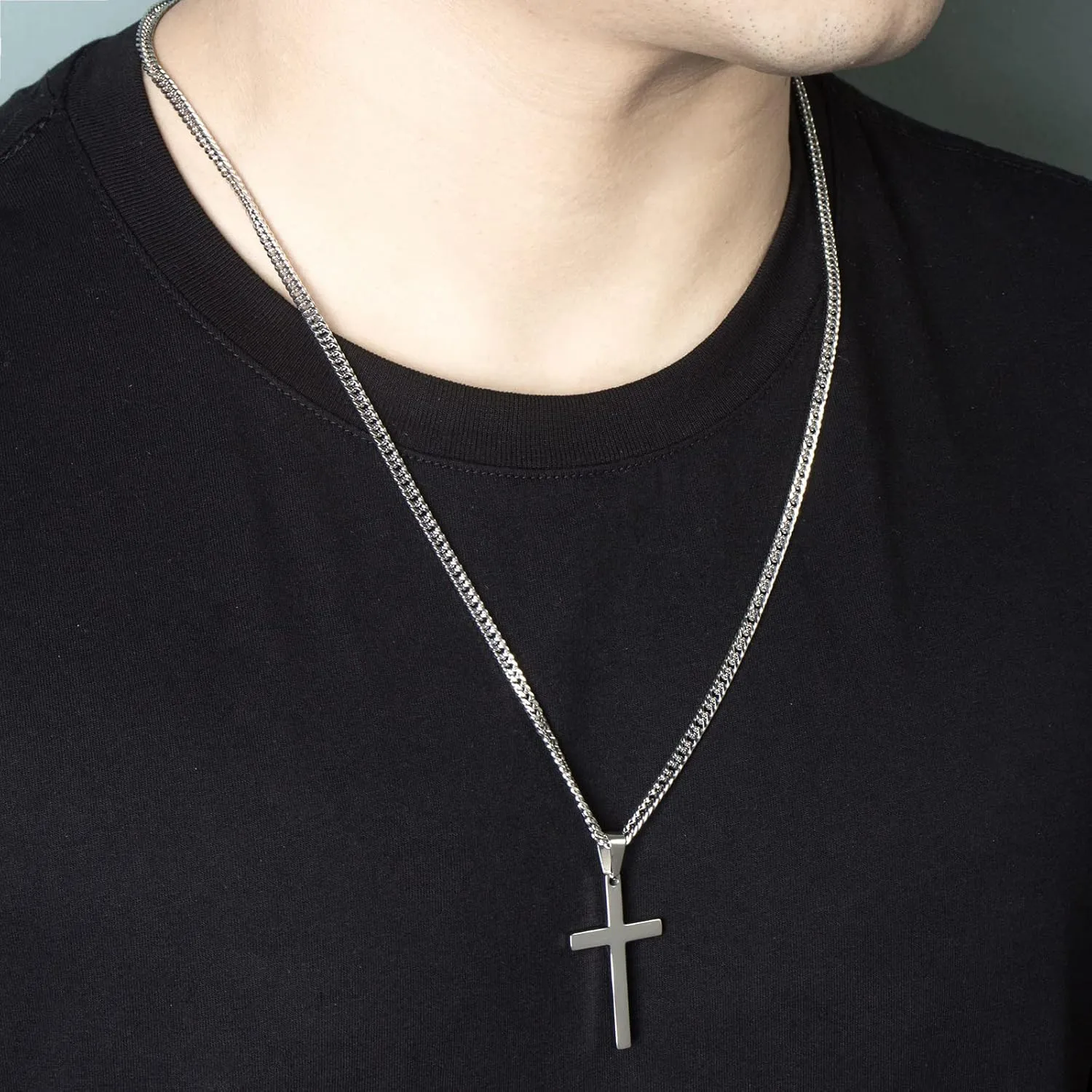 Cross Necklace for Men, Silver Gold Stainless Steel Plain Cross Pendant Necklace for Men Cuban Chain 18-26 Inch