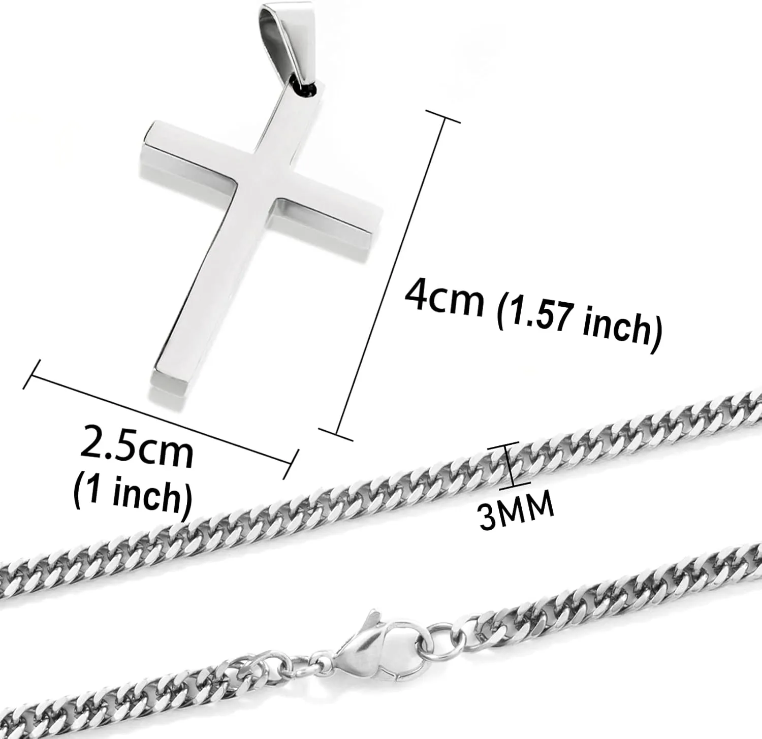 Cross Necklace for Men, Silver Gold Stainless Steel Plain Cross Pendant Necklace for Men Cuban Chain 18-26 Inch