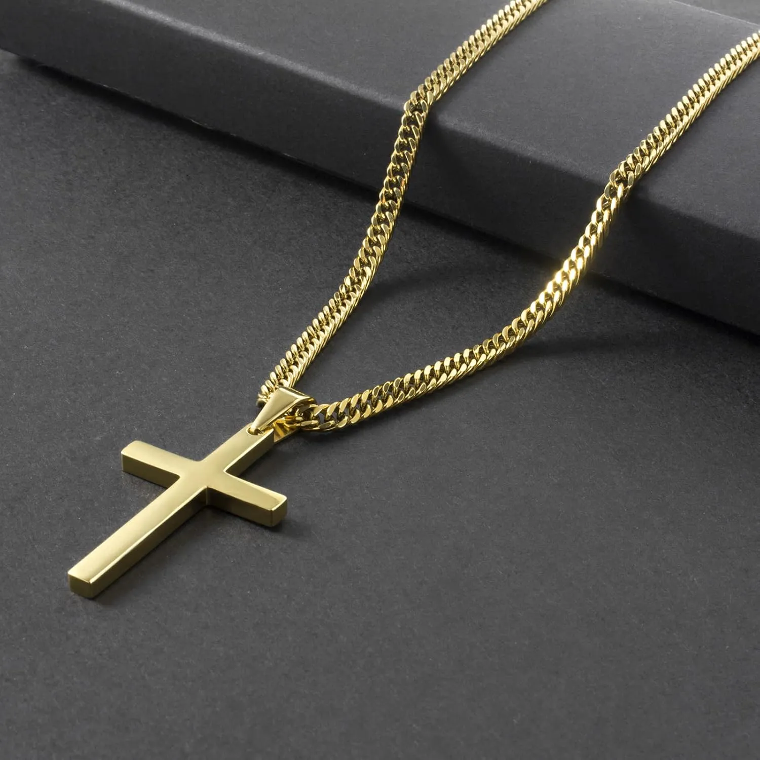 Cross Necklace for Men, Silver Gold Stainless Steel Plain Cross Pendant Necklace for Men Cuban Chain 18-26 Inch