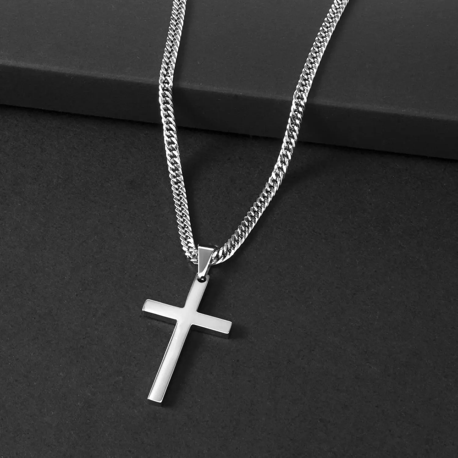 Cross Necklace for Men, Silver Gold Stainless Steel Plain Cross Pendant Necklace for Men Cuban Chain 18-26 Inch