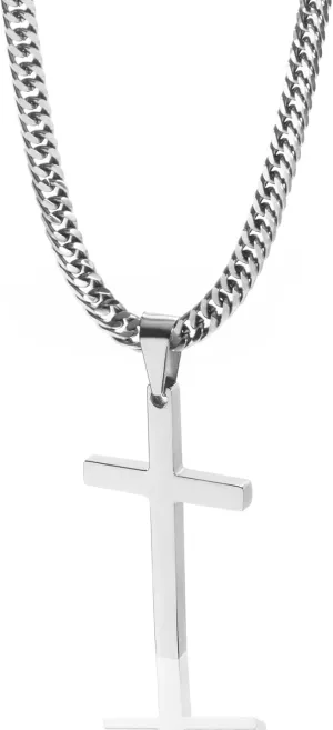 Cross Necklace for Men, Silver Gold Stainless Steel Plain Cross Pendant Necklace for Men Cuban Chain 18-26 Inch