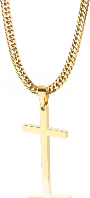 Cross Necklace for Men, Silver Gold Stainless Steel Plain Cross Pendant Necklace for Men Cuban Chain 18-26 Inch