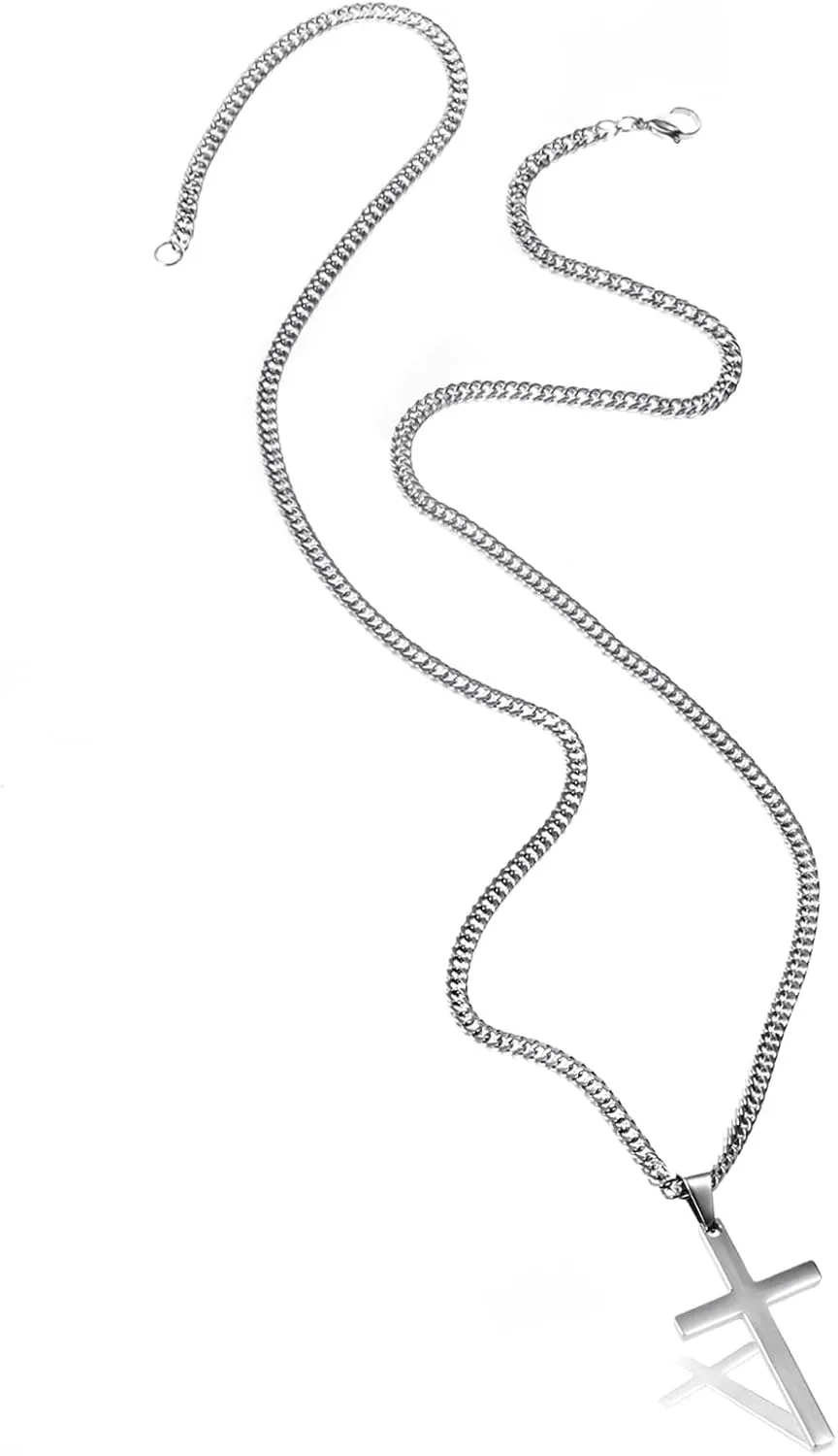 Cross Necklace for Men, Silver Gold Stainless Steel Plain Cross Pendant Necklace for Men Cuban Chain 18-26 Inch