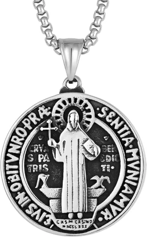 Cross Necklace for Men Stainless Steel Saint Benedict Pendant Necklace Christian Necklace Unique Religious Cross Pendant Jewelry Gift for Men