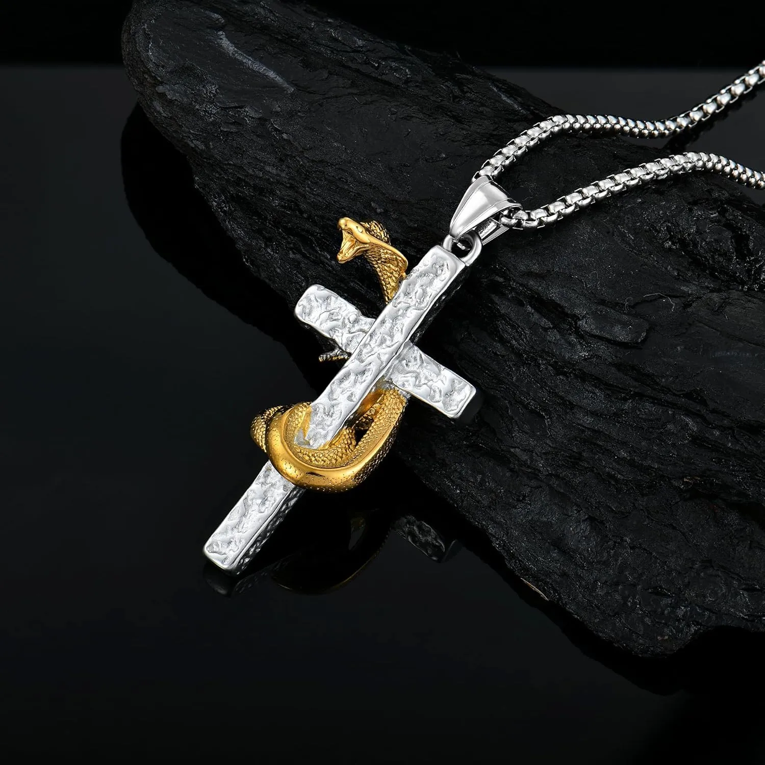 Cross Necklace for Men Titanium Steel King Cobra Necklace Unique Silver Gold Snake Pendant Large Crucifix Necklace Jewelry Gift for Men