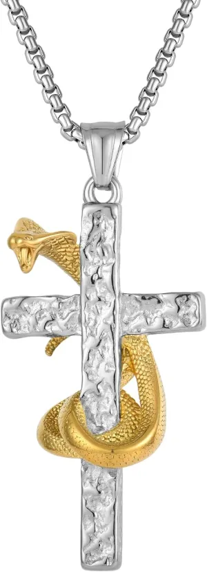 Cross Necklace for Men Titanium Steel King Cobra Necklace Unique Silver Gold Snake Pendant Large Crucifix Necklace Jewelry Gift for Men