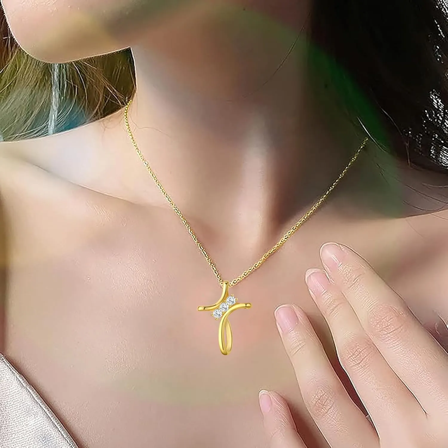 Cross Necklace for Women, 925 Sterling Silver 18K Gold Plated Diamond Necklace for Women, Cross Pendant with 3 Stone 5A Cubic Zirconia, Birthday Christmas Jewelry Gifts for Women Her, 20 Inches